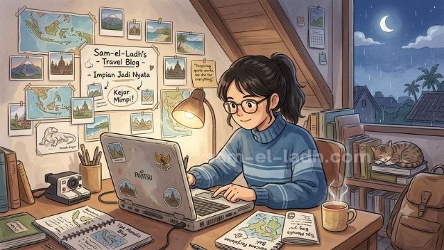Gadis muda menulis menggunakan laptop di kamar sambil mengejar mimpi menjadi travel blogger